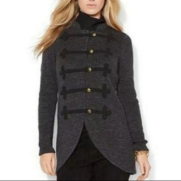 Lauren Ralph Lauren Jeans Vintage Military Knit Jacket Sweater Small Gray Preppy - Picture 1 of 12